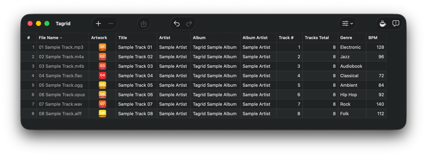 The same window in dark mode. Tagrid supports both light and dark appearance.