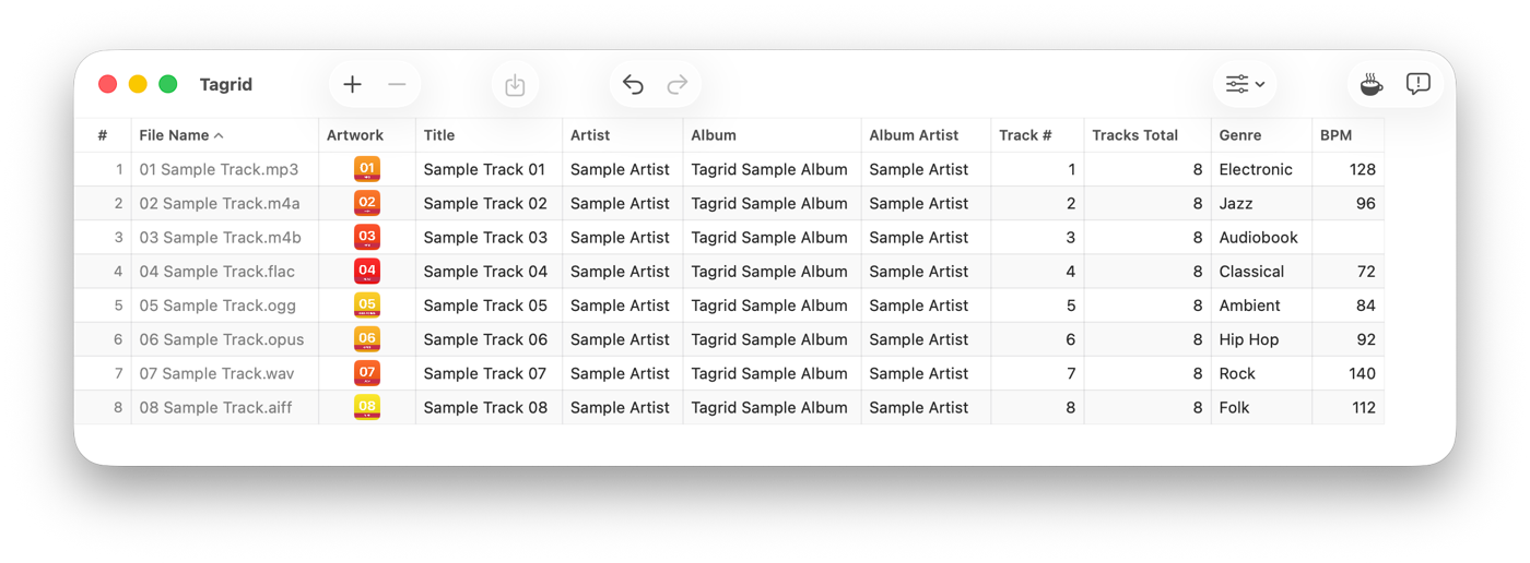 The Tagrid window in light mode. Eight files — MP3, M4A, M4B, FLAC, Ogg, Opus, WAV and AIFF — sit one per row, with File Name, Artwork, Title, Artist, Album, Album Artist, Track #, Tracks Total, Genre and BPM laid out in columns like a spreadsheet.